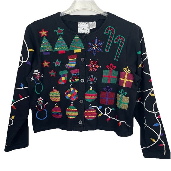 Michael Simon Lite Christmas Cardigan Sweater Size M Black Embroidered Colorful - Picture 1 of 7